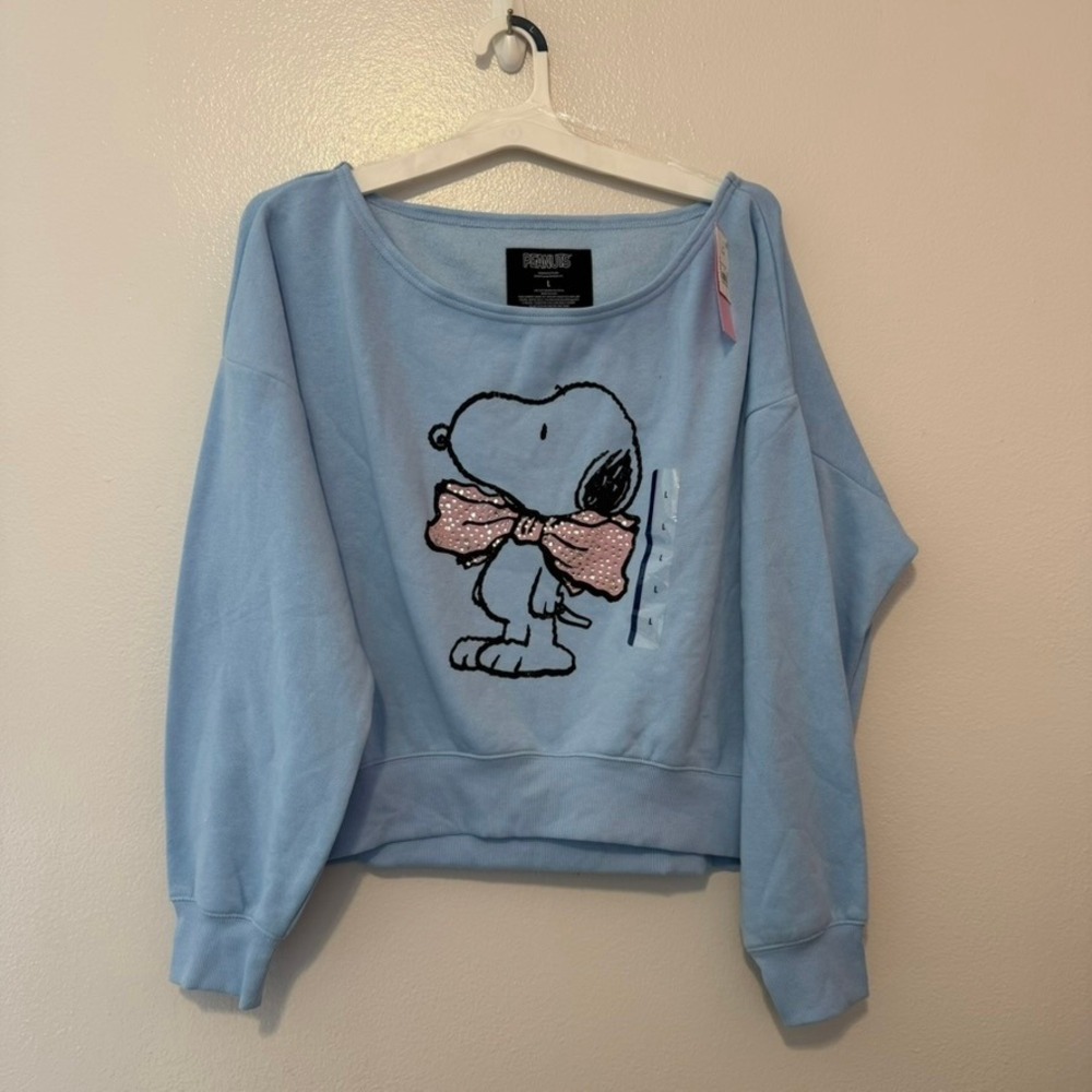 Peanuts Snoopy Sequin Bow Sweatshirt Light Blue Fleece Pullover Large